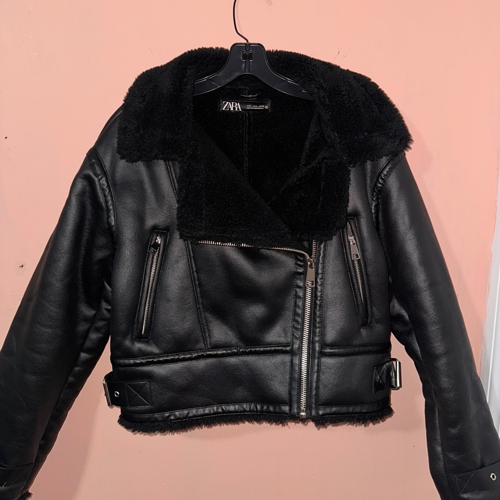 Black leather puffy jacket